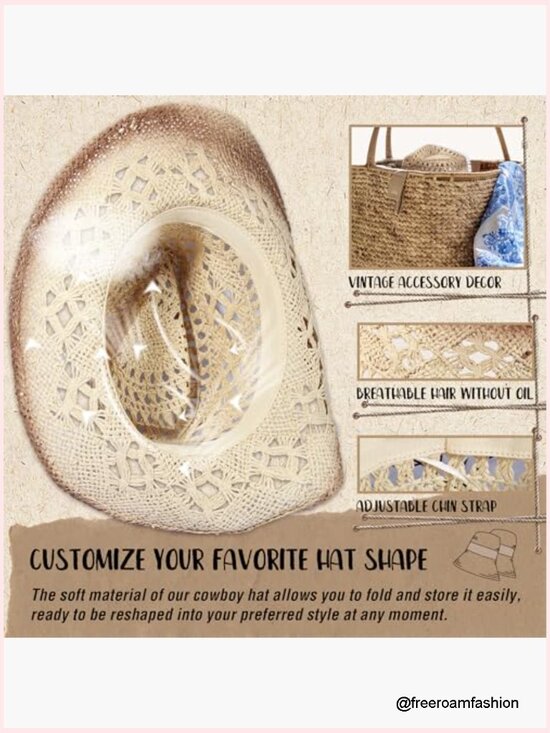 Straw Cowboy Hat Wide Brim, Adjustable, with 4 Decorative Bands, Unisex, main image 5
